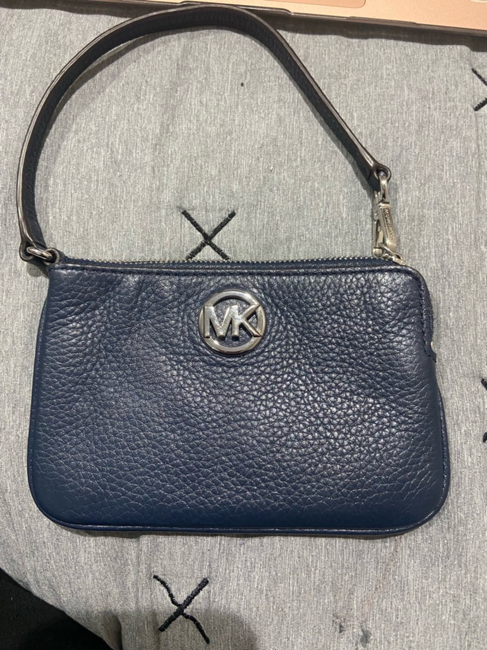 Michael Kors Dark Blue Pebbled Leather Wristlet with Silver Logo